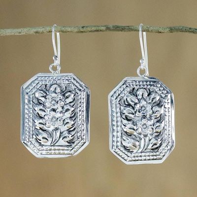 Alternate image for Thai Artisan Crafted 925 Silver Octagonal Floral Earrings Argent Blooms