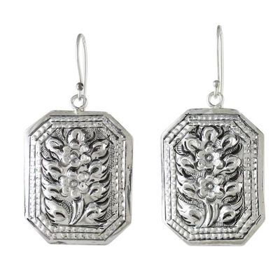 Alternate image for Thai Artisan Crafted 925 Silver Octagonal Floral Earrings Argent Blooms