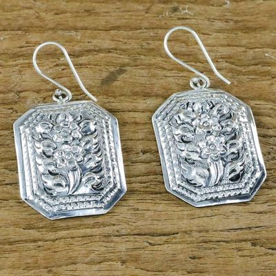 Alternate image for Thai Artisan Crafted 925 Silver Octagonal Floral Earrings Argent Blooms
