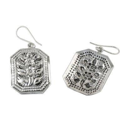 Alternate image for Thai Artisan Crafted 925 Silver Octagonal Floral Earrings Argent Blooms