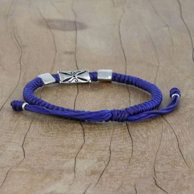 Alternate image for Hill Tribe Blue Cord Bracelet with Silver Beads Karen Triangle in Blue
