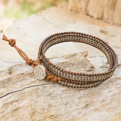Alternate image for Silver Hindu Hexagram on Beaded Leather Wrap Bracelet Satkona Yantra
