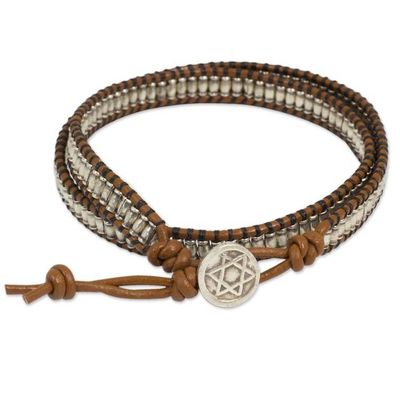 Alternate image for Silver Hindu Hexagram on Beaded Leather Wrap Bracelet Satkona Yantra