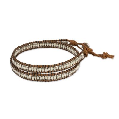 Alternate image for Silver Hindu Hexagram on Beaded Leather Wrap Bracelet Satkona Yantra