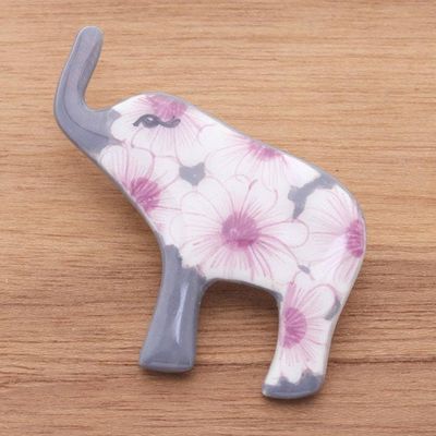Alternate image for Hand Painted Elephant Brooch Pin with Flowers on Grey Grey Floral Elephant