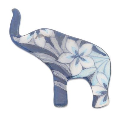 Alternate image for Hand Painted Blue Elephant Brooch Pin with Flowers Blue Floral Elephant