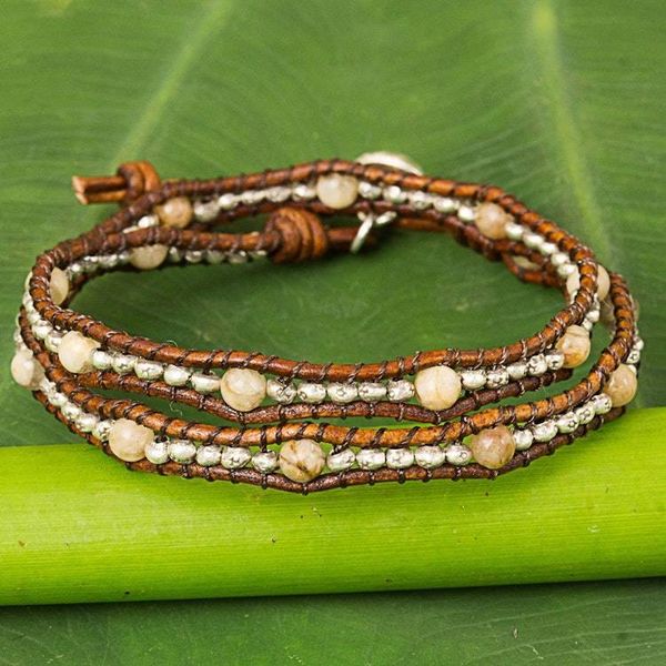 Alternate image for Thai Leather Jasper and Karen Silver Beaded Wrap Bracelet Hill Tribe Sunflower