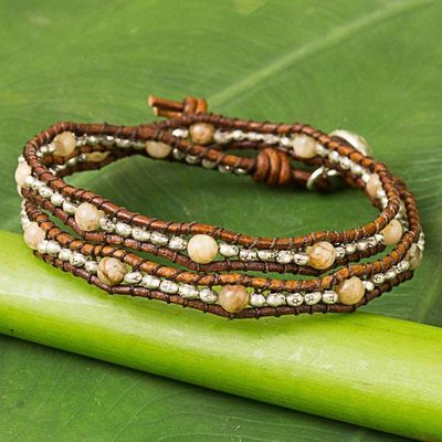 Alternate image for Thai Leather Jasper and Karen Silver Beaded Wrap Bracelet Hill Tribe Sunflower