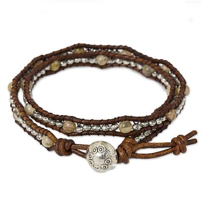 Alternate image for Thai Leather Jasper and Karen Silver Beaded Wrap Bracelet Hill Tribe Sunflower