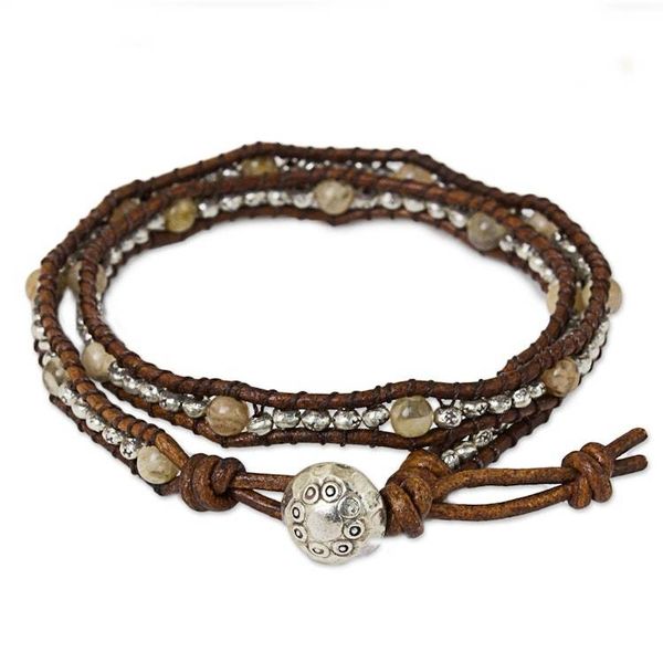 Alternate image for Thai Leather Jasper and Karen Silver Beaded Wrap Bracelet Hill Tribe Sunflower