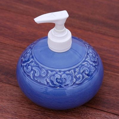 Alternate image for Hand Crafted Celadon Ceramic Floral Soap Dispenser Fragrant Bath