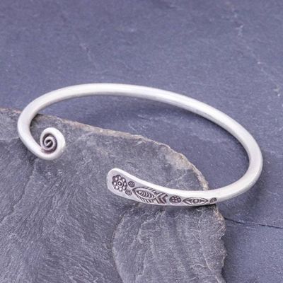 Primary image for Thai Handmade Sterling Silver Cuff Bracelet Fish and Flowers