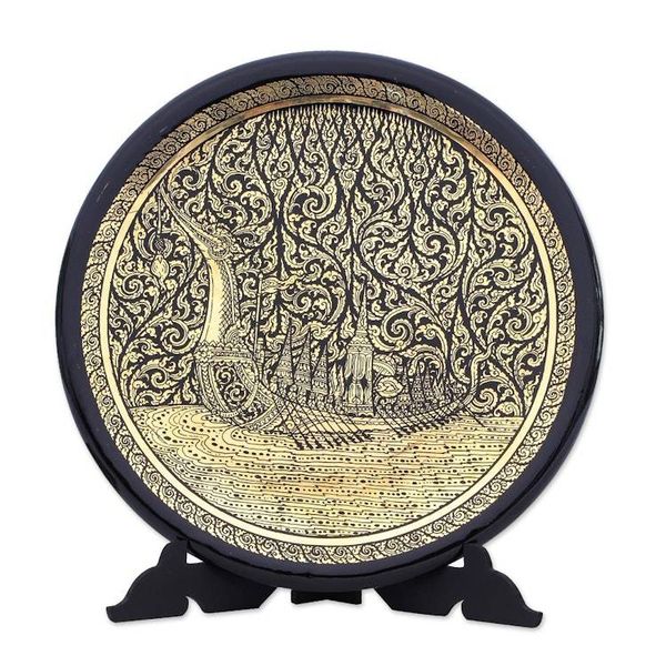 Alternate image for Handcrafted Thai Lacquered Wood Royal Barge Plate Royal Barge Procession