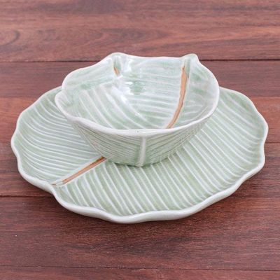 Alternate image for Celadon Ceramic Banana Leaf Plate and Bowl Set Pair Green Leaves