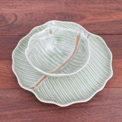 Alternate image for Celadon Ceramic Banana Leaf Plate and Bowl Set Pair Green Leaves