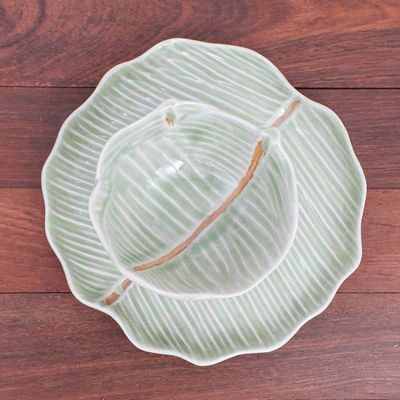 Alternate image for Celadon Ceramic Banana Leaf Plate and Bowl Set Pair Green Leaves