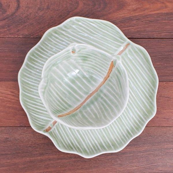 Alternate image for Celadon Ceramic Banana Leaf Plate and Bowl Set Pair Green Leaves