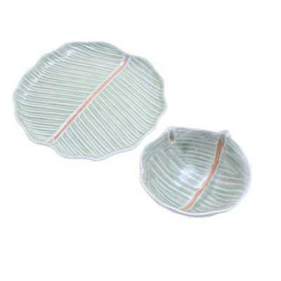 Alternate image for Celadon Ceramic Banana Leaf Plate and Bowl Set Pair Green Leaves