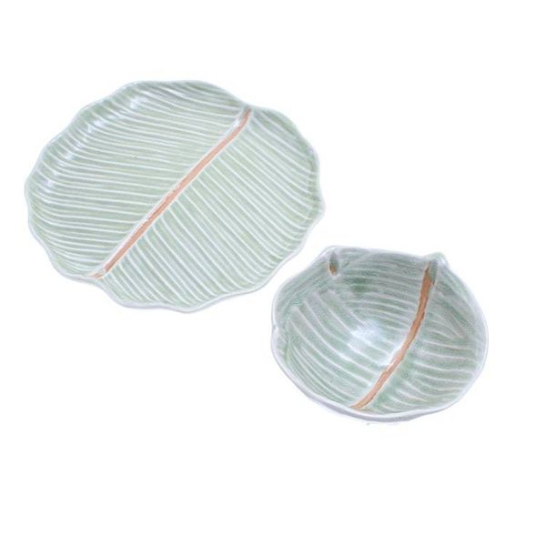 Alternate image for Celadon Ceramic Banana Leaf Plate and Bowl Set Pair Green Leaves