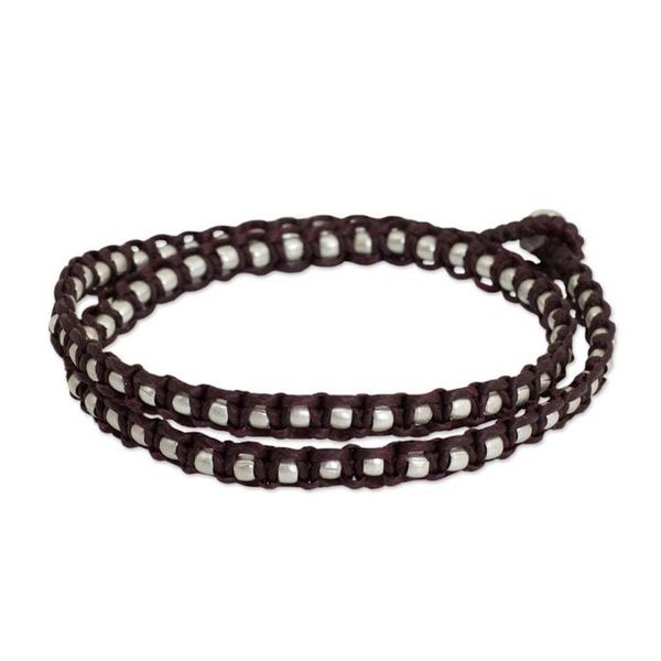 Alternate image for Silver Accents Wrap Bracelet Thai Hill Tribe Jewelry Floral Moon in Burgundy