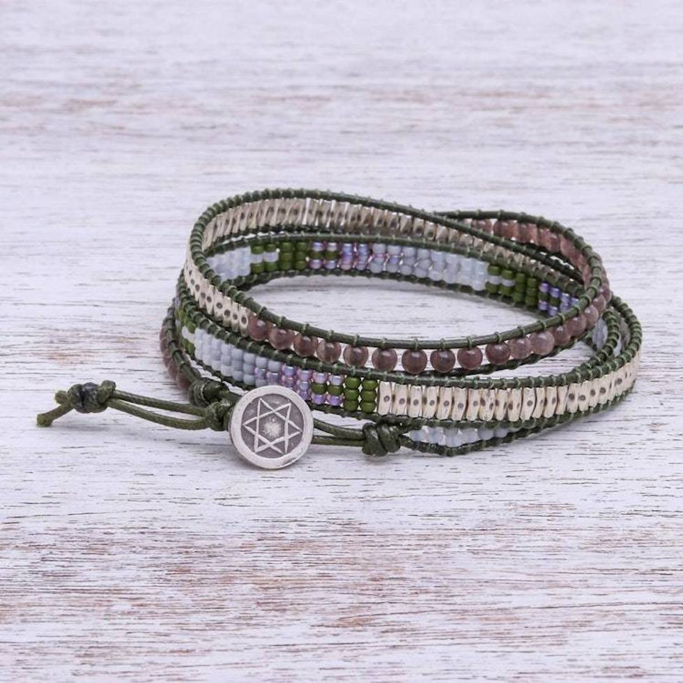 Beaded Leather Wrap Bracelet with Star of David 'Pa Sak Star'