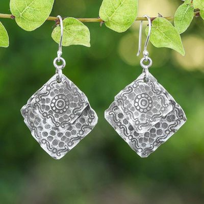 Primary image for Polished and Oxidized Folk Art Karen Silver Dangle Earrings Rhombus Tradition