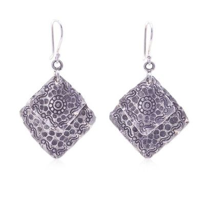 Alternate image for Polished and Oxidized Folk Art Karen Silver Dangle Earrings Rhombus Tradition