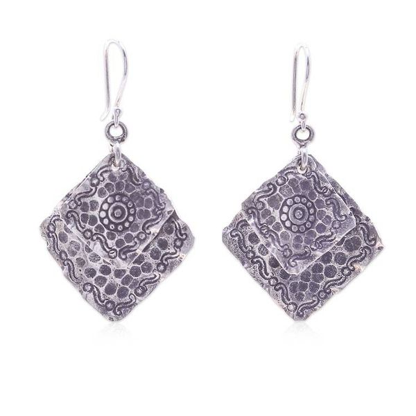 Alternate image for Polished and Oxidized Folk Art Karen Silver Dangle Earrings Rhombus Tradition