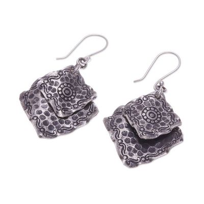 Alternate image for Polished and Oxidized Folk Art Karen Silver Dangle Earrings Rhombus Tradition