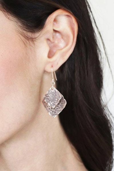Alternate image for Polished and Oxidized Folk Art Karen Silver Dangle Earrings Rhombus Tradition