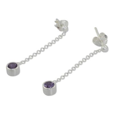 Alternate image for Brushed Sterling Silver and Amethyst Long Earrings Light