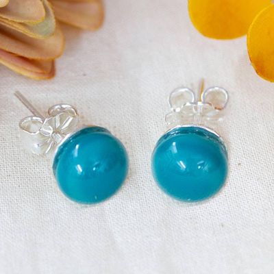 Primary image for Fused Glass Silver Teal Stud Earrings Handcrafted in Mexico Essential Teal