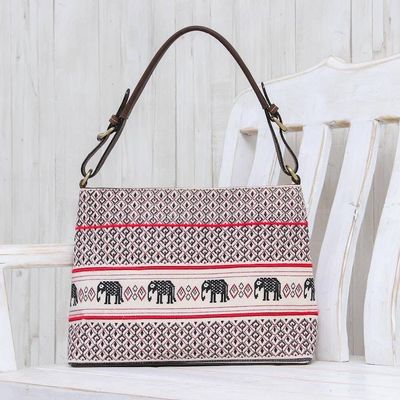 Alternate image for Elephant Motif Cotton and Leather Shoulder Bag Hmong Elephants
