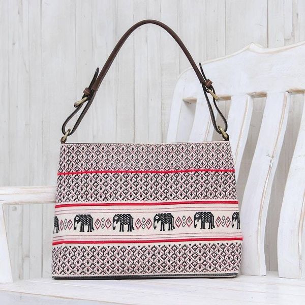 Alternate image for Elephant Motif Cotton and Leather Shoulder Bag Hmong Elephants