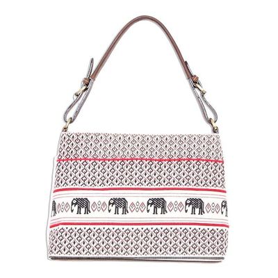 Alternate image for Elephant Motif Cotton and Leather Shoulder Bag Hmong Elephants