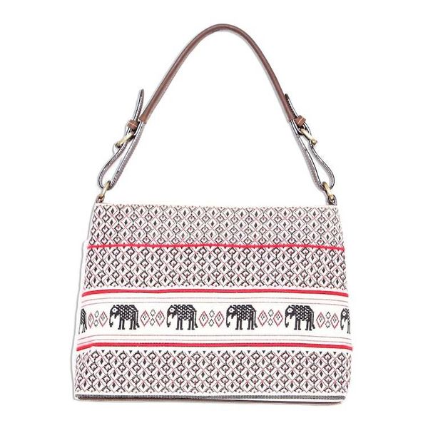 Alternate image for Elephant Motif Cotton and Leather Shoulder Bag Hmong Elephants