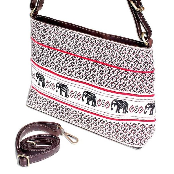 Alternate image for Elephant Motif Cotton and Leather Shoulder Bag Hmong Elephants