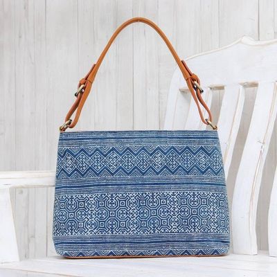 Alternate image for Hmong Hill Tribe Indigo Cotton Batik Handbag with Leather Hmong Glyphs