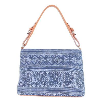 Alternate image for Hmong Hill Tribe Indigo Cotton Batik Handbag with Leather Hmong Glyphs