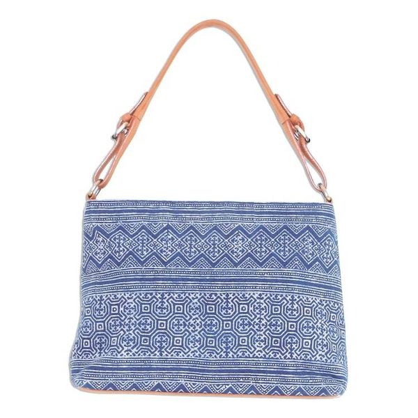 Alternate image for Hmong Hill Tribe Indigo Cotton Batik Handbag with Leather Hmong Glyphs