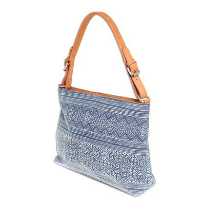 Alternate image for Hmong Hill Tribe Indigo Cotton Batik Handbag with Leather Hmong Glyphs