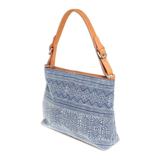 Alternate image for Hmong Hill Tribe Indigo Cotton Batik Handbag with Leather Hmong Glyphs
