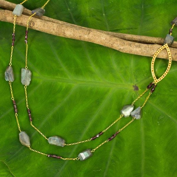 Alternate image for Labradorite  Garnet on 24k Gold Plated Silver Long Necklace Lyrical Lanna