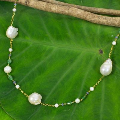 Primary image for Pink and White Pearls on Gold Plated Necklace with Gemstones Exotic Beauty
