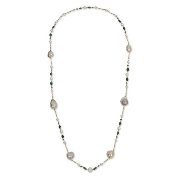 Alternate image for Pink and White Pearls on Gold Plated Necklace with Gemstones Exotic Beauty