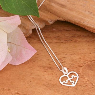 Alternate image for Jigsaw Puzzle Heart-Themed Sterling Silver Pendant Necklace Puzzle Heart