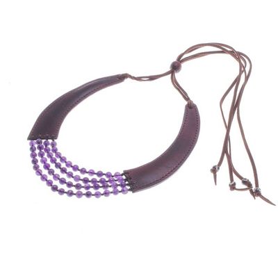 Alternate image for Hand Made Leather and Amethyst Pendant Necklace Rustic Chic in Purple