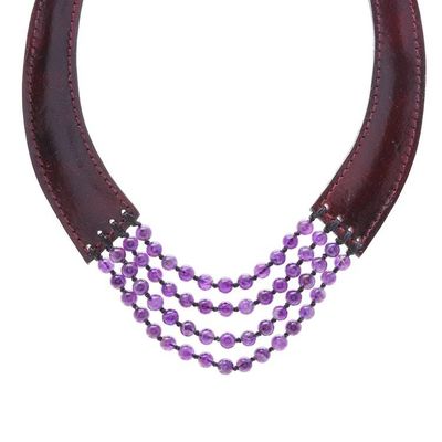 Alternate image for Hand Made Leather and Amethyst Pendant Necklace Rustic Chic in Purple