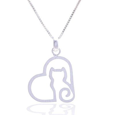Alternate image for Modern Abstract Cat and Heart-Themed Silver Pendant Necklace Feline Heart