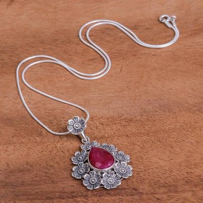 Alternate image for Handmade Sterling Silver Pendant Necklace with Floral Motif Crowned Beauty in Pink